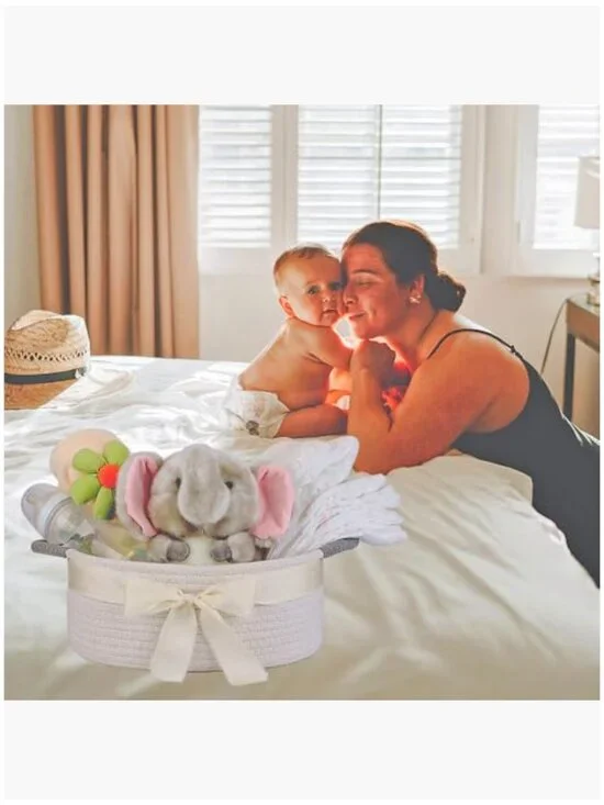 White Cotton Rope Basket with Grey Handle for Storage and Decor - Picture 6 of 7